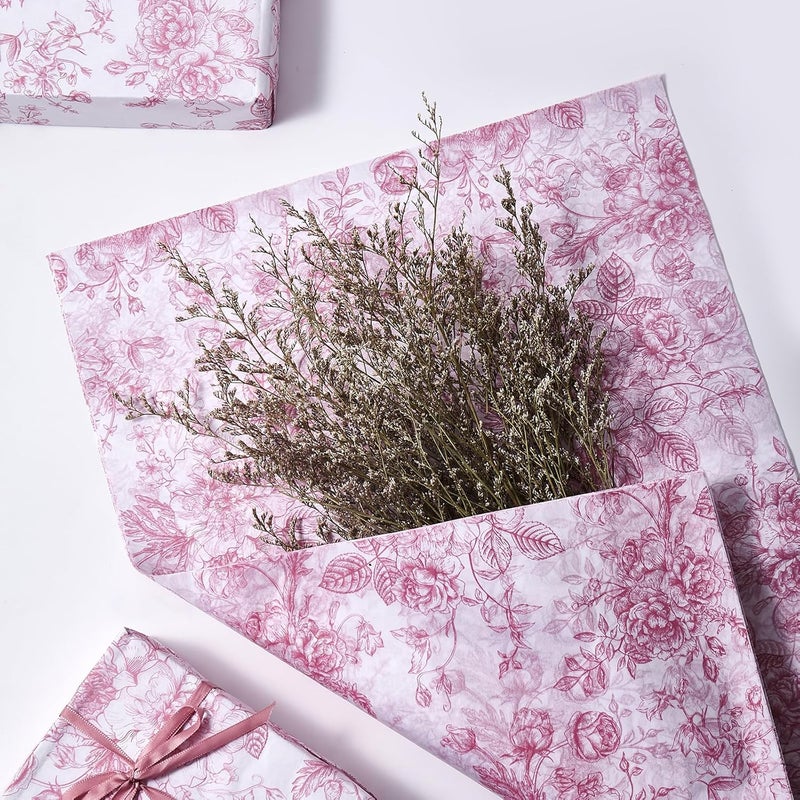 EROMAP 120 Sheets Pink Floral Tissue Paper Chinoiserie Gift Wrapping Paper Vintage Pink White Flowers Packaging Patterned Bulk for Baby Shower Wedding Birthday Party Decor, 14 x 20 Inch - Image 5